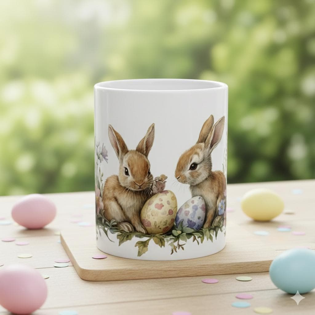 Easter Bunny and Eggs Mug, Watercolor Rabbit Coffee Cup, Spring Garden Floral Mug, Cute Easter Gift for Kids, Easter Basket Stuffer