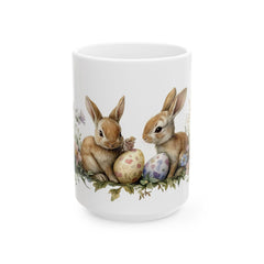 Easter Bunny and Eggs Mug, Watercolor Rabbit Coffee Cup, Spring Garden Floral Mug, Cute Easter Gift for Kids, Easter Basket Stuffer