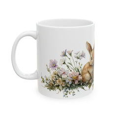 Easter Bunny and Eggs Mug, Watercolor Rabbit Coffee Cup, Spring Garden Floral Mug, Cute Easter Gift for Kids, Easter Basket Stuffer