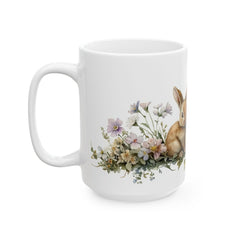 Easter Bunny and Eggs Mug, Watercolor Rabbit Coffee Cup, Spring Garden Floral Mug, Cute Easter Gift for Kids, Easter Basket Stuffer