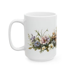 Watercolor Bunny and Peony Mug, Cute Rabbit Easter Coffee Cup, Floral Spring Meadow Mug, Easter Basket Filler for Her