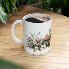 Watercolor Bunny and Peony Mug, Cute Rabbit Easter Coffee Cup, Floral Spring Meadow Mug, Easter Basket Filler for Her