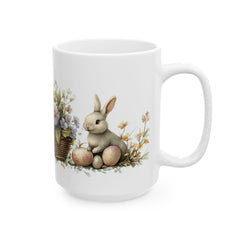 Easter Bunny and Eggs Coffee Mug, Watercolor Rabbit in Flower Basket Cup, Spring Floral Mug for Her, Cute Easter Basket Filler