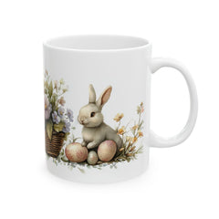 Easter Bunny and Eggs Coffee Mug, Watercolor Rabbit in Flower Basket Cup, Spring Floral Mug for Her, Cute Easter Basket Filler