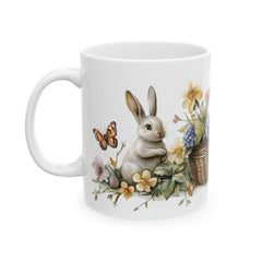 Easter Bunny and Butterfly Mug, Watercolor Rabbit in Flower Basket, Purple Floral Spring Mug, Cute Easter Gift for Her