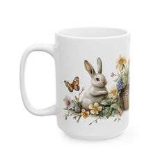 Easter Bunny and Butterfly Mug, Watercolor Rabbit in Flower Basket, Purple Floral Spring Mug, Cute Easter Gift for Her