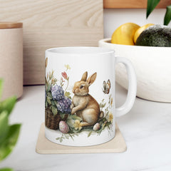 Easter Bunny and Butterfly Mug, Watercolor Rabbit in Flower Basket, Purple Floral Spring Mug, Cute Easter Gift for Her