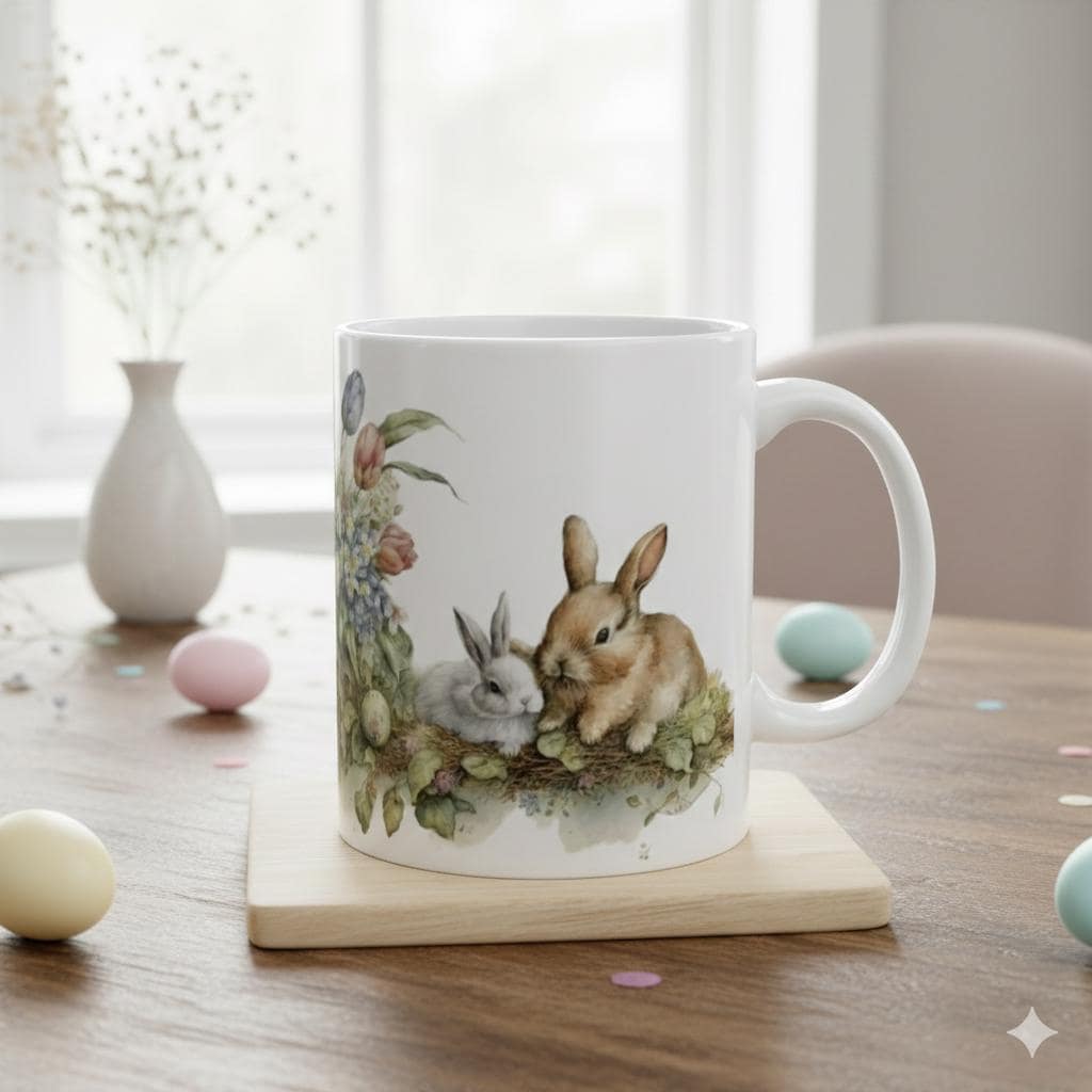 Watercolor Easter Bunny Mug, Cute Rabbit Coffee Cup with Spring Flowers, Easter Basket Filler for Kids, New Job Spring Gift