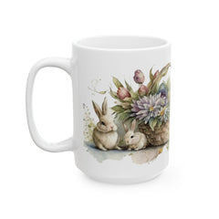 Watercolor Easter Bunny Mug, Cute Rabbit Coffee Cup with Spring Flowers, Easter Basket Filler for Kids, New Job Spring Gift