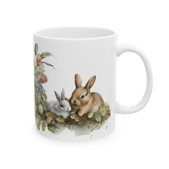 Watercolor Easter Bunny Mug, Cute Rabbit Coffee Cup with Spring Flowers, Easter Basket Filler for Kids, New Job Spring Gift