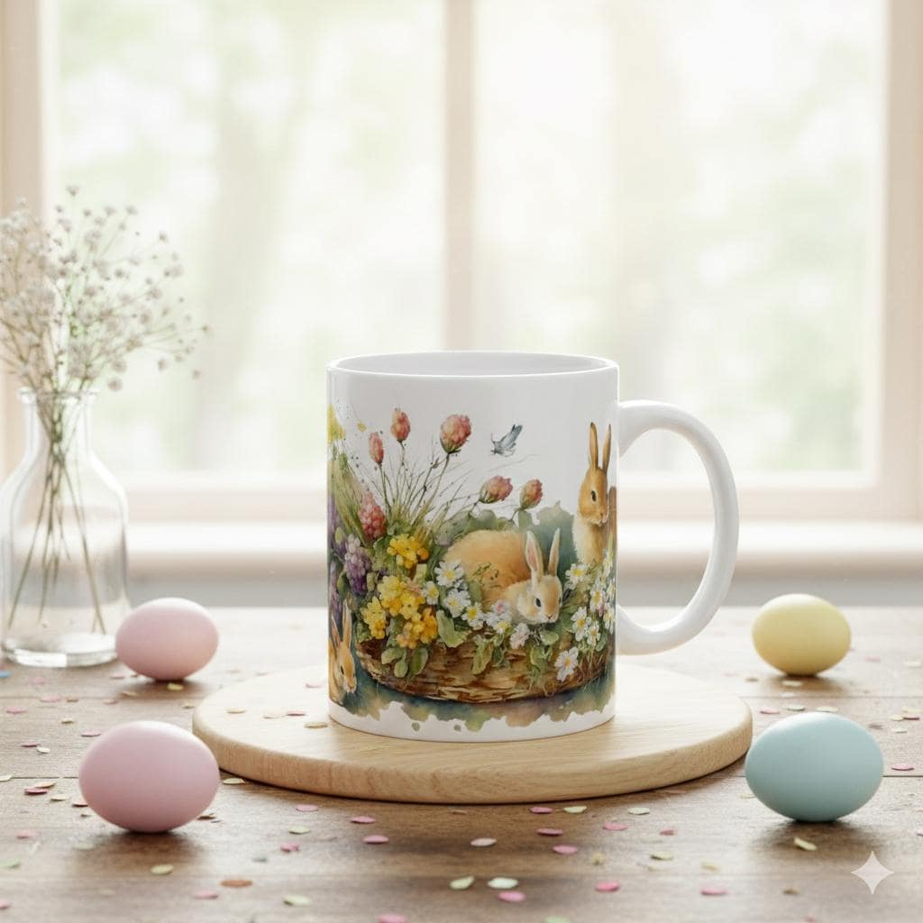 Watercolor Bunny in Flower Basket Mug, Easter Rabbit, Spring Meadow Floral Mug, Easter Gift for Daughter, Nature Inspired Bunny Cup