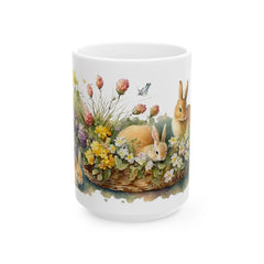 Watercolor Bunny in Flower Basket Mug, Easter Rabbit, Spring Meadow Floral Mug, Easter Gift for Daughter, Nature Inspired Bunny Cup