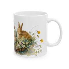 Watercolor Bunny in Flower Basket Mug, Easter Rabbit, Spring Meadow Floral Mug, Easter Gift for Daughter, Nature Inspired Bunny Cup