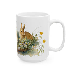 Watercolor Bunny in Flower Basket Mug, Easter Rabbit, Spring Meadow Floral Mug, Easter Gift for Daughter, Nature Inspired Bunny Cup