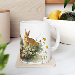 Watercolor Bunny in Flower Basket Mug, Easter Rabbit, Spring Meadow Floral Mug, Easter Gift for Daughter, Nature Inspired Bunny Cup