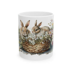 Bunnies in Basket Easter Mug, Watercolor Rabbit Coffee Cup, Spring Floral Mug, Cute Easter Gift for Kids, Adorable Bunny, Easter Decor
