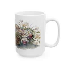 Bunnies in Basket Easter Mug, Watercolor Rabbit Coffee Cup, Spring Floral Mug, Cute Easter Gift for Kids, Adorable Bunny, Easter Decor