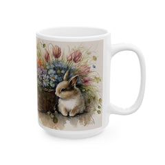 Bunnies in Floral Basket Mug, Watercolor Easter Coffee Cup, Cute Rabbit Spring Flowers Mug, Easter Gift for Her