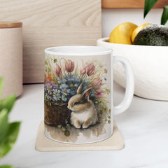 Bunnies in Floral Basket Mug, Watercolor Easter Coffee Cup, Cute Rabbit Spring Flowers Mug, Easter Gift for Her