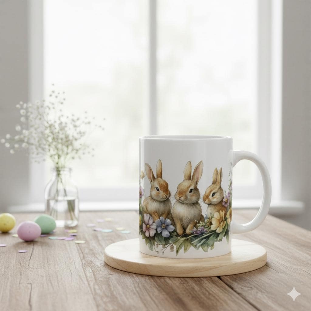 Three Little Bunnies Easter Mug, Watercolor Rabbit Family Coffee Cup, Spring Floral Garden Mug, Easter Gift for Kids, Aesthetic Holiday Gift