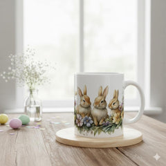 Three Little Bunnies Easter Mug, Watercolor Rabbit Family Coffee Cup, Spring Floral Garden Mug, Easter Gift for Kids, Aesthetic Holiday Gift