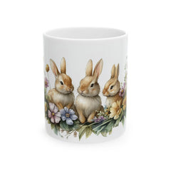 Three Little Bunnies Easter Mug, Watercolor Rabbit Family Coffee Cup, Spring Floral Garden Mug, Easter Gift for Kids, Aesthetic Holiday Gift
