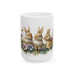 Three Little Bunnies Easter Mug, Watercolor Rabbit Family Coffee Cup, Spring Floral Garden Mug, Easter Gift for Kids, Aesthetic Holiday Gift