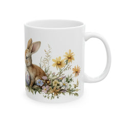 Easter Bunny and Eggs Mug, Watercolor Rabbit Coffee Cup, Spring Garden Floral Mug, Cute Easter Gift for Kids, Easter Basket Stuffer