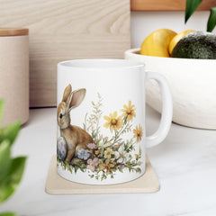 Easter Bunny and Eggs Mug, Watercolor Rabbit Coffee Cup, Spring Garden Floral Mug, Cute Easter Gift for Kids, Easter Basket Stuffer