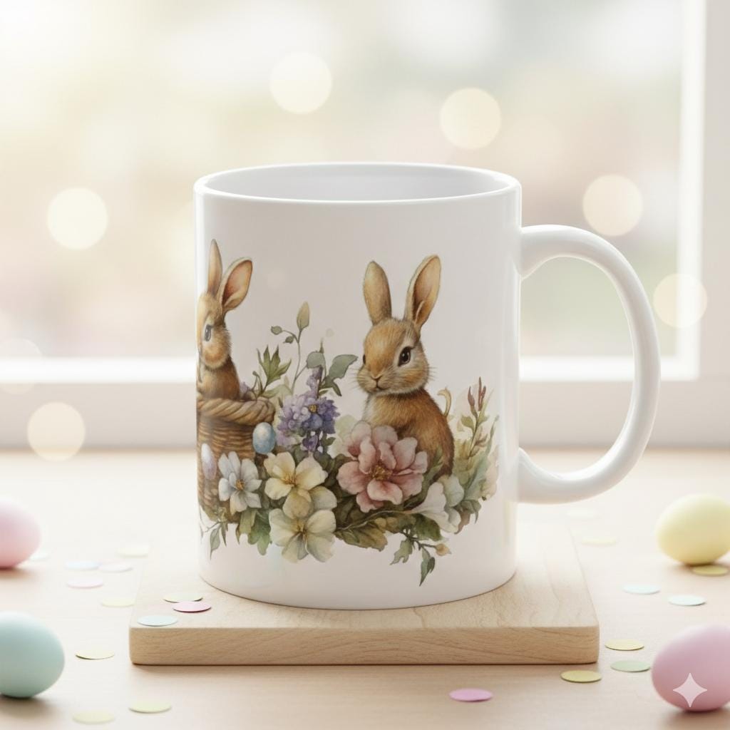 Watercolor Bunny and Peony Mug, Cute Rabbit Easter Coffee Cup, Floral Spring Meadow Mug, Easter Basket Filler for Her