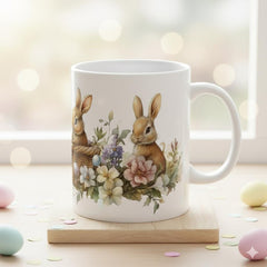 Watercolor Bunny and Peony Mug, Cute Rabbit Easter Coffee Cup, Floral Spring Meadow Mug, Easter Basket Filler for Her