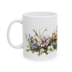 Watercolor Bunny and Peony Mug, Cute Rabbit Easter Coffee Cup, Floral Spring Meadow Mug, Easter Basket Filler for Her