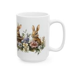 Watercolor Bunny and Peony Mug, Cute Rabbit Easter Coffee Cup, Floral Spring Meadow Mug, Easter Basket Filler for Her