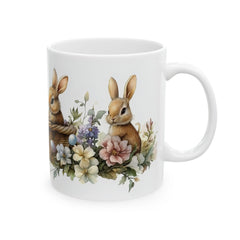 Watercolor Bunny and Peony Mug, Cute Rabbit Easter Coffee Cup, Floral Spring Meadow Mug, Easter Basket Filler for Her