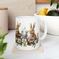 Watercolor Bunny and Peony Mug, Cute Rabbit Easter Coffee Cup, Floral Spring Meadow Mug, Easter Basket Filler for Her