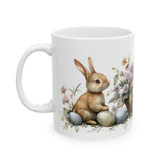 Easter Bunny and Eggs Coffee Mug, Watercolor Rabbit in Flower Basket Cup, Spring Floral Mug for Her, Cute Easter Basket Filler