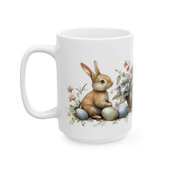 Easter Bunny and Eggs Coffee Mug, Watercolor Rabbit in Flower Basket Cup, Spring Floral Mug for Her, Cute Easter Basket Filler