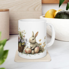 Easter Bunny and Eggs Coffee Mug, Watercolor Rabbit in Flower Basket Cup, Spring Floral Mug for Her, Cute Easter Basket Filler