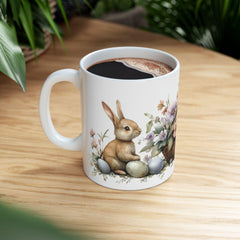 Easter Bunny and Eggs Coffee Mug, Watercolor Rabbit in Flower Basket Cup, Spring Floral Mug for Her, Cute Easter Basket Filler