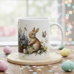 Easter Bunny and Butterfly Mug, Watercolor Rabbit in Flower Basket, Purple Floral Spring Mug, Cute Easter Gift for Her
