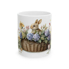 Easter Bunny and Butterfly Mug, Watercolor Rabbit in Flower Basket, Purple Floral Spring Mug, Cute Easter Gift for Her