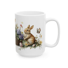 Easter Bunny and Butterfly Mug, Watercolor Rabbit in Flower Basket, Purple Floral Spring Mug, Cute Easter Gift for Her