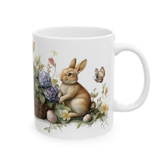 Easter Bunny and Butterfly Mug, Watercolor Rabbit in Flower Basket, Purple Floral Spring Mug, Cute Easter Gift for Her