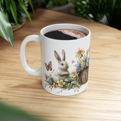 Easter Bunny and Butterfly Mug, Watercolor Rabbit in Flower Basket, Purple Floral Spring Mug, Cute Easter Gift for Her