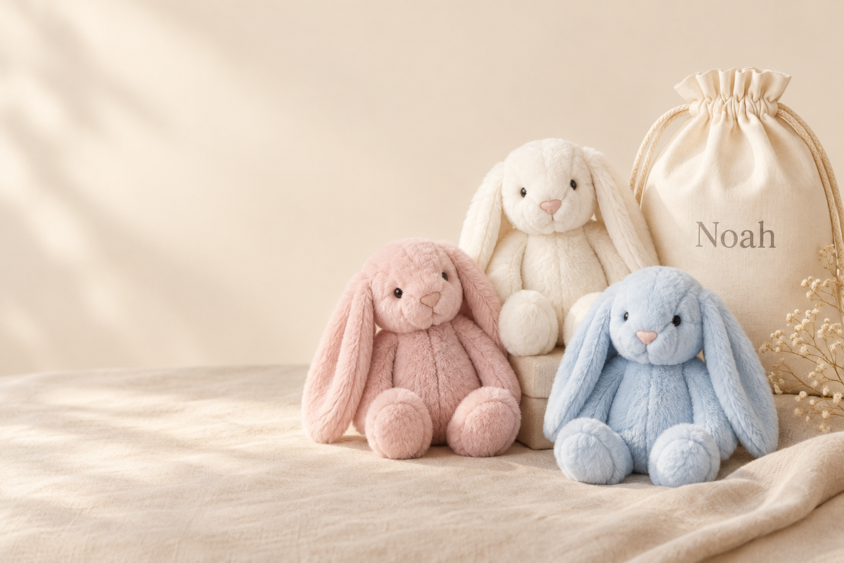 Sample TMoods bunny collection on a warm ivory background