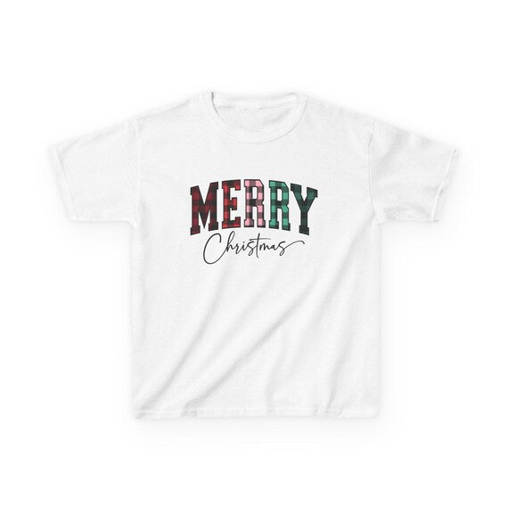 Merry Christmas plaid lettering Kids Tee | Holiday Christmas shirt, School Party