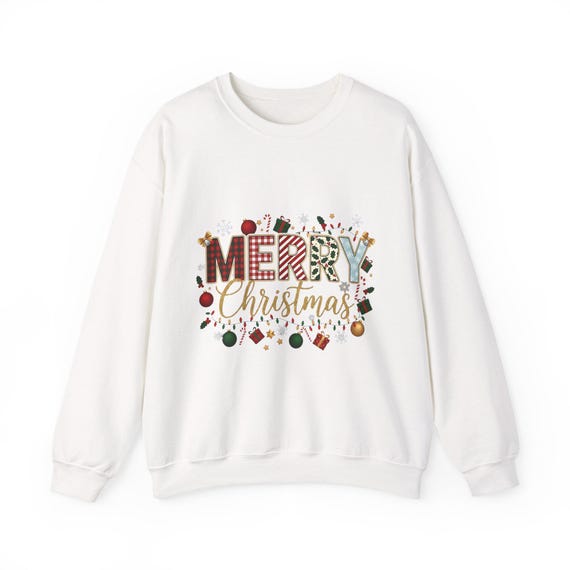 Merry Christmas Typography Sweatshirt | Holiday Ornaments Crewneck Gift Friends