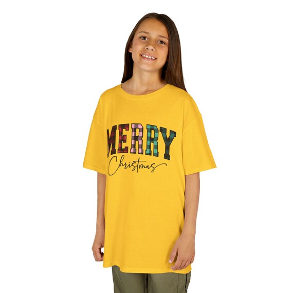 Merry Christmas plaid lettering Kids Tee | Holiday Christmas shirt, School Party