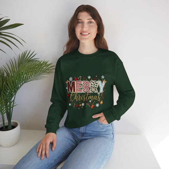 Merry Christmas Typography Sweatshirt | Holiday Ornaments Crewneck Gift Friends