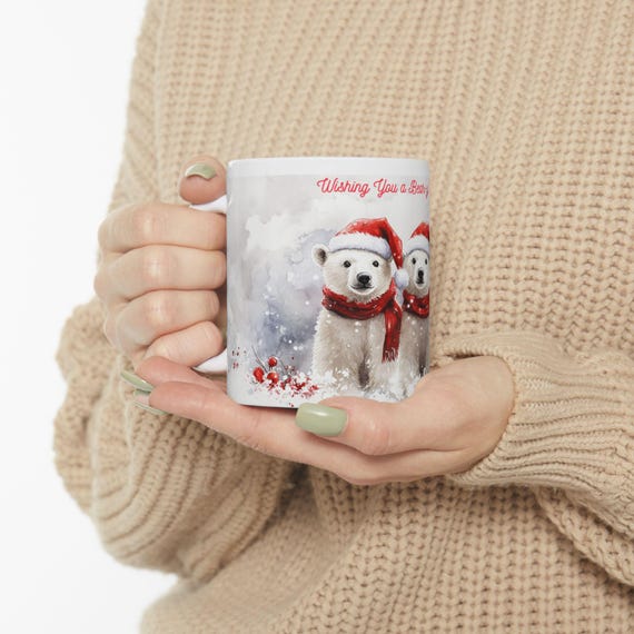 Festive Polar Bear Ceramic Mug - Holiday Christmas Gift